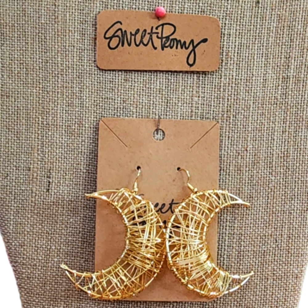 Golden Wire Wrapped Crescent Moon Dangle Earrings